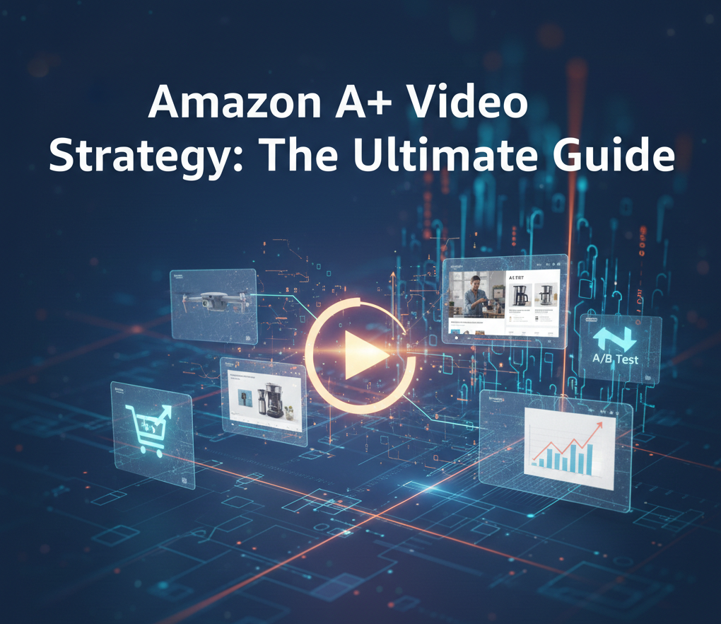 Graphic showing Amazon A+ video strategy elements including product A/B testing, growth charts, and video play icons for marketplace optimization.