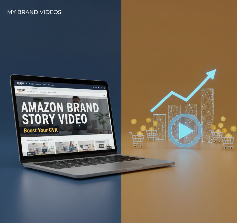A laptop displaying an Amazon Brand Story video with a rising sales growth chart and shopping carts to boost CVR.