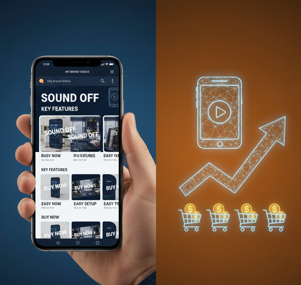 A person holding a smartphone showing Amazon listing videos for mobile with high-contrast text and a glowing sales growth arrow.