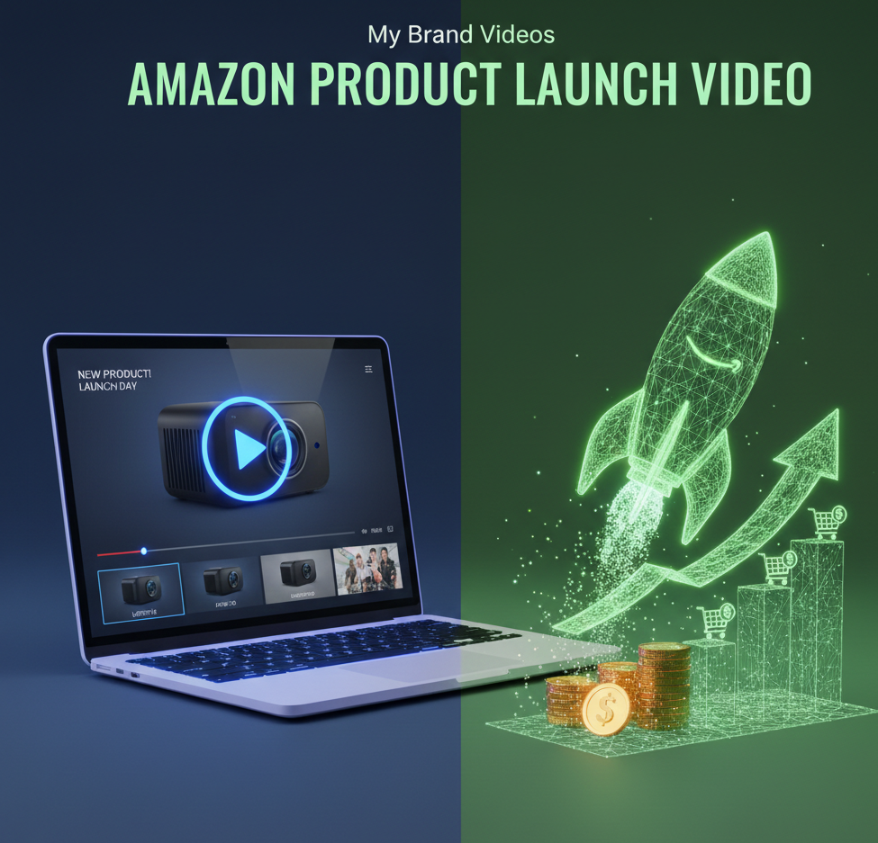 A professional laptop displaying an Amazon product launch video next to a glowing green digital rocket and sales growth charts.